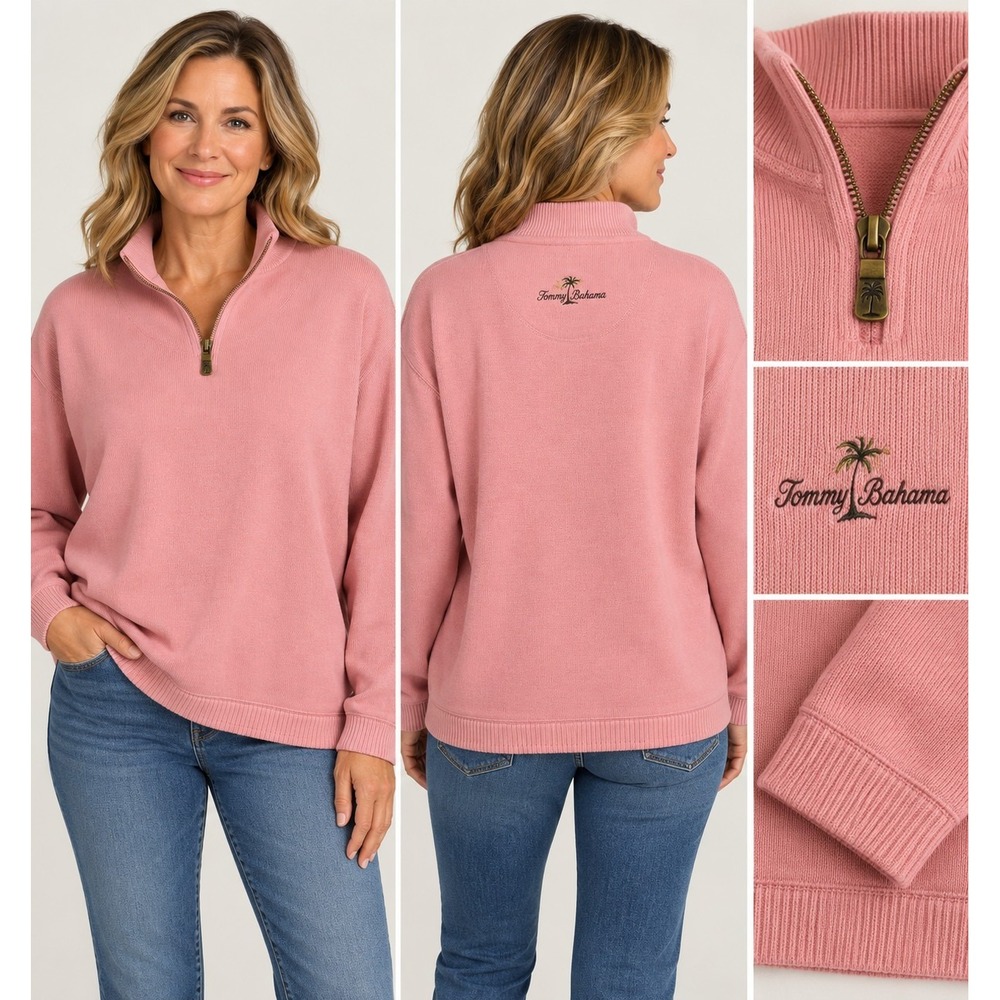 Tommy Bahama Women's 1/4 Zip Pink Sweatshirt Sz S Cozy Winter 100% cotton Boho